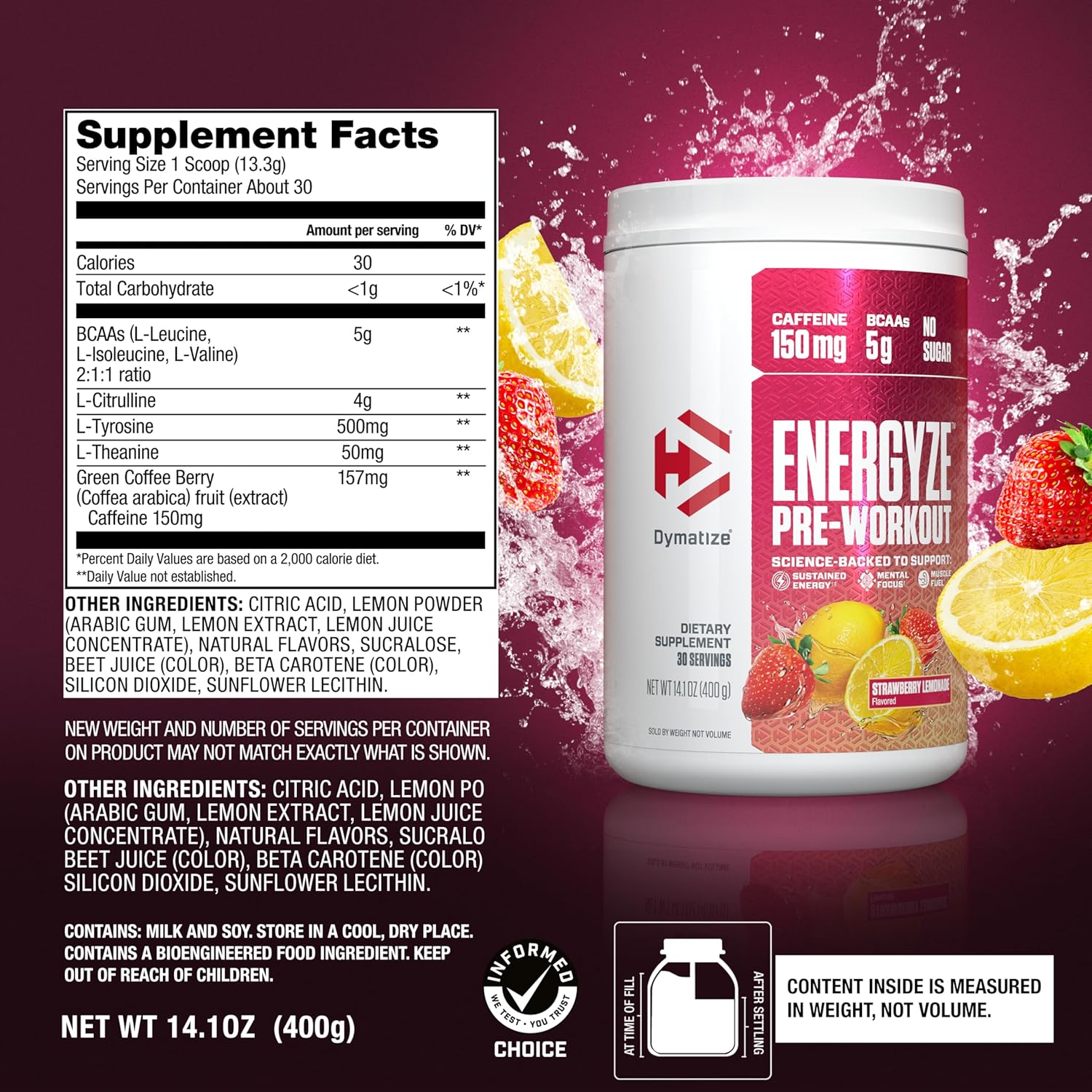 Dymatize Energyze Pre Workout Powder - Strawberry Lemonade Flavor, 150mg Caffeine, 5g BCAAs, Performance Blend - 30 Servings