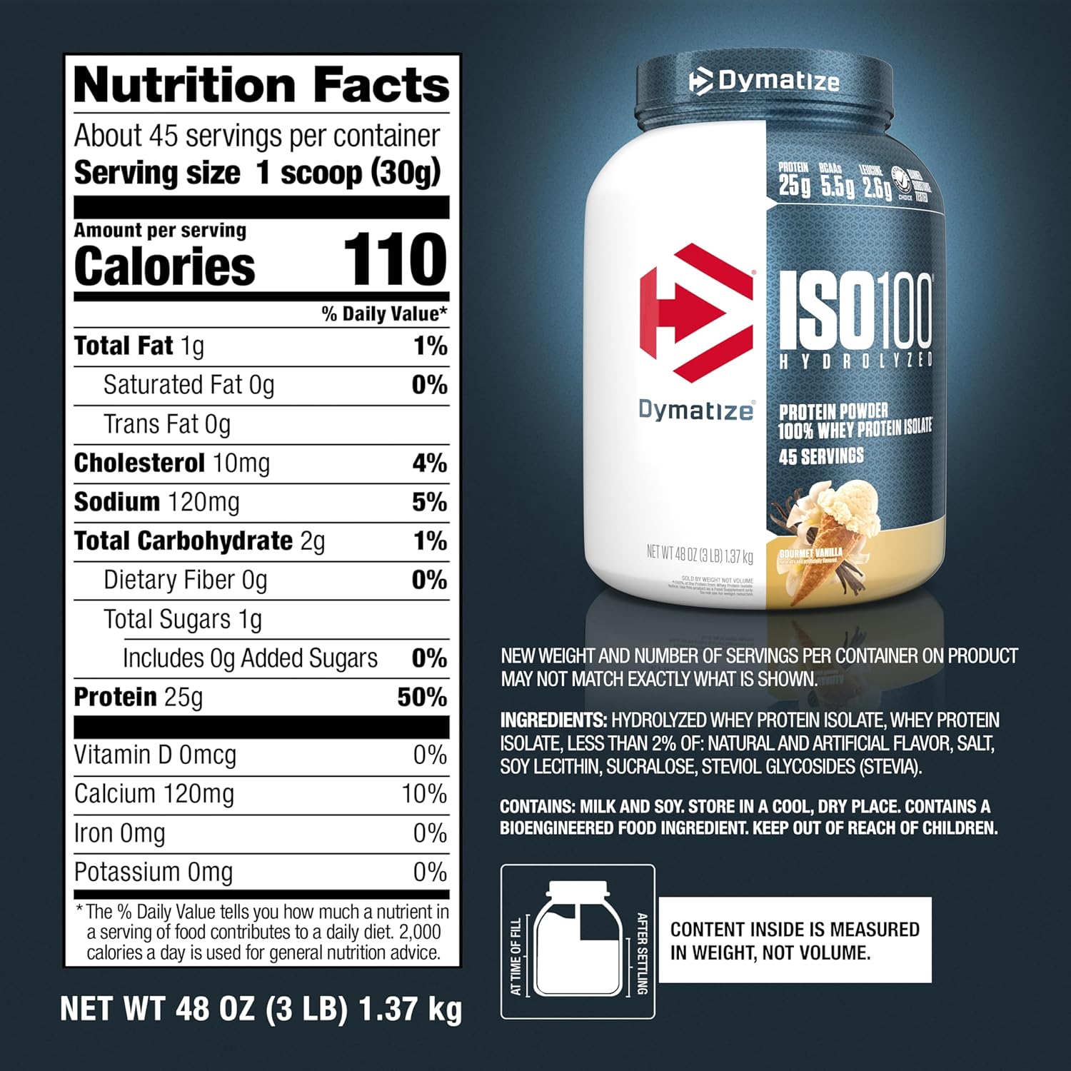 Dymatize ISO 100 Whey Protein Powder - 25g Hydrolyzed 100% Whey Isolate, Gluten Free, Fast Digesting, Gourmet Vanilla - 3 lb Jar