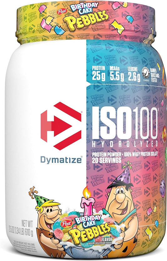 Dymatize ISO 100 Whey Protein Powder - Birthday Cake Pebbles Flavor, 25g Hydrolyzed Isolate, Gluten-Free, Fast Digesting - 20 Servings