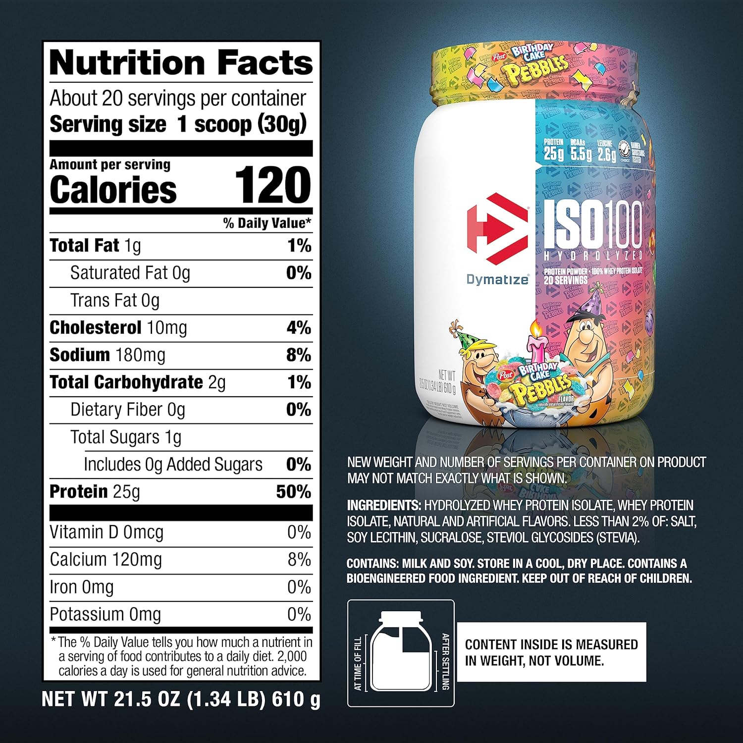 Dymatize ISO 100 Whey Protein Powder - Birthday Cake Pebbles Flavor, 25g Hydrolyzed Isolate, Gluten-Free, Fast Digesting - 20 Servings