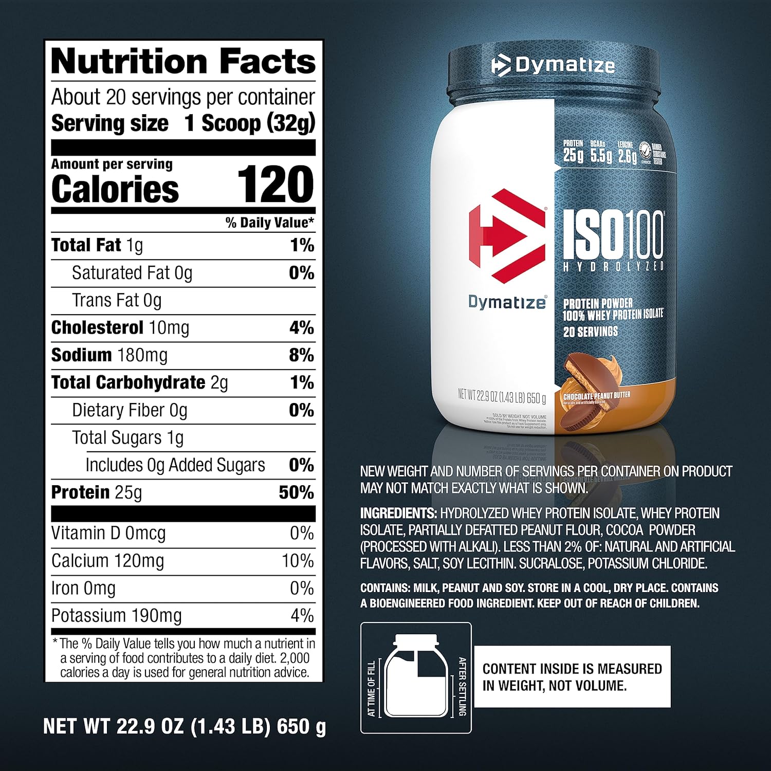 Dymatize ISO100 Chocolate Peanut Butter Whey Protein Powder - 25g of Hydrolyzed 100% Whey Isolate, Gluten Free, Fast Digesting - 20 Servings