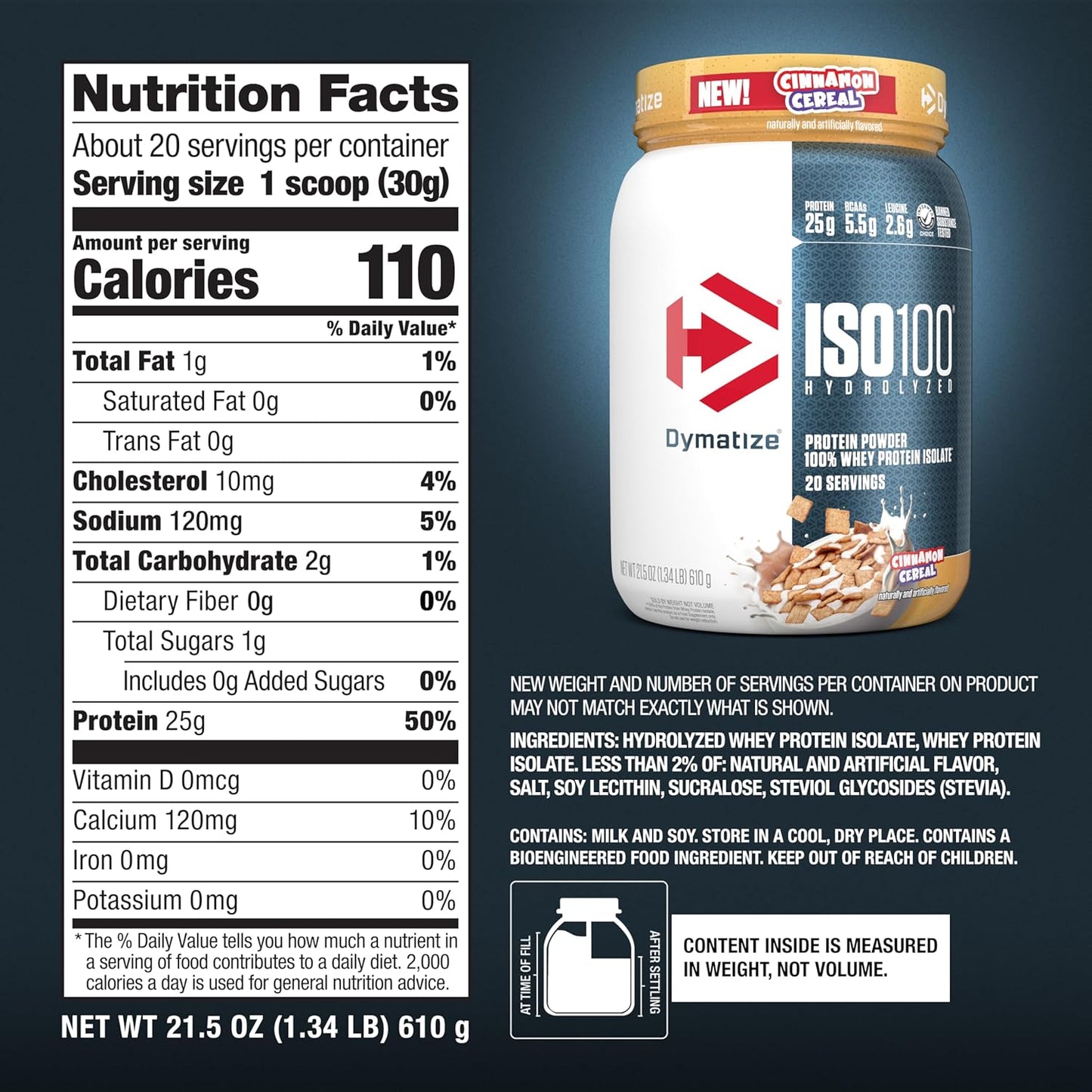 Dymatize ISO100 Cinnamon Cereal Whey Isolate Protein Powder - 20 Servings Gluten-Free