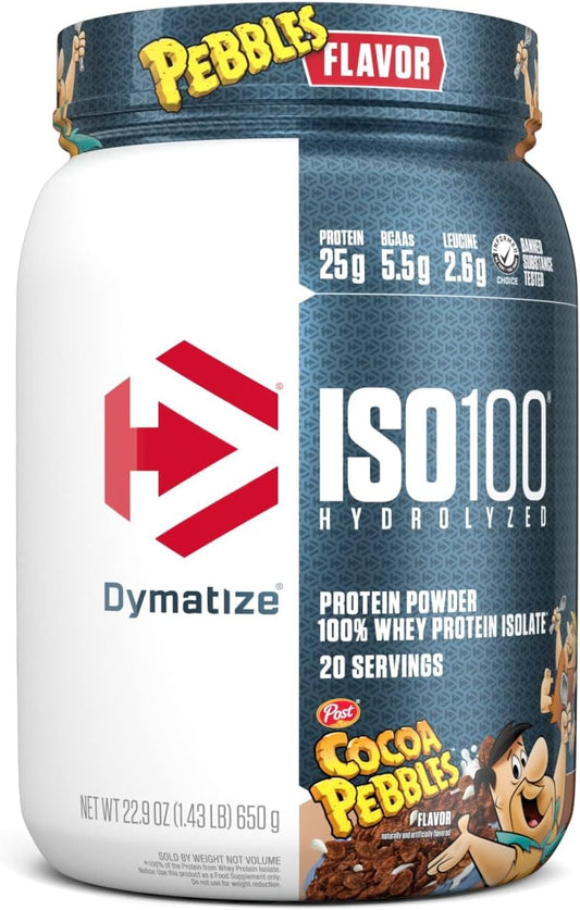 Dymatize ISO100 Cocoa Pebbles Whey Isolate Protein Powder - 25g Protein, 5.5g BCAAs, Gluten Free, Fast Absorbing - 20 Servings