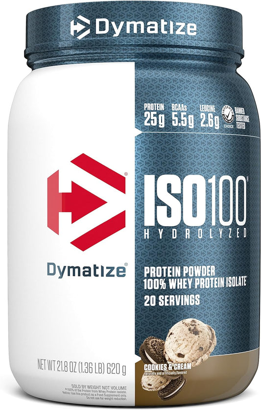 Dymatize ISO100 Cookies and Cream Protein Powder - 100% Whey Isolate, 25g Protein, 5.5g BCAAs, Gluten Free, Fast Absorption, 20 Servings