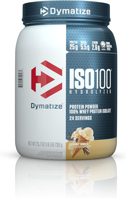 Dymatize ISO100 Gourmet Vanilla Whey Isolate Protein Powder - 25g Protein, 5.5g BCAAs, Gluten Free - Fast Absorbing and Easy Digesting - 24 Servings