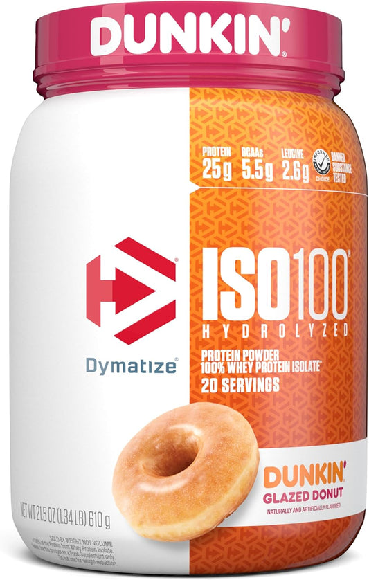 Dymatize ISO100 Hydrolyzed Protein Powder, 100% Whey Isolate, Dunkin' Glazed Donut Flavor, 20 Servings, Gluten-Free - High-Quality Whey Isolate Protein Powder