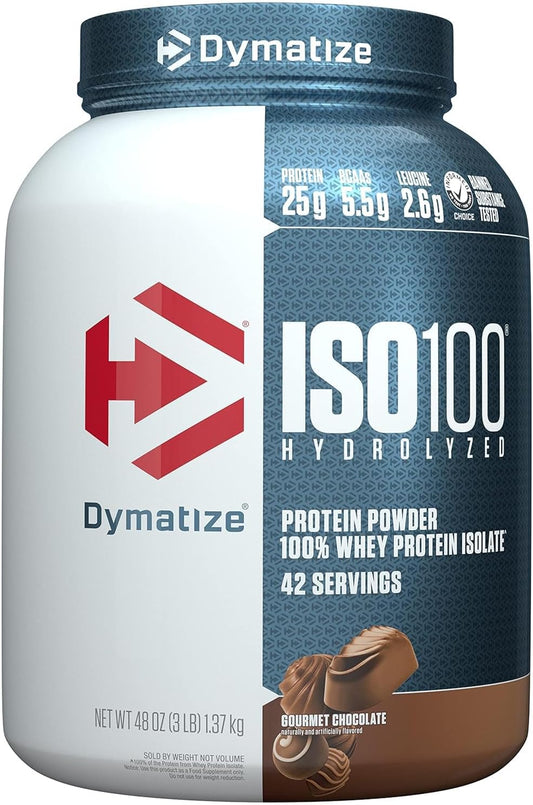 Dymatize ISO100 Hydrolyzed Whey Protein Powder, 25g Protein, 5.5g BCAAs, Gluten-Free, Fast Absorption, Gourmet Chocolate - 3lb