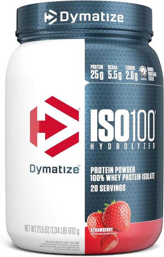 Dymatize ISO100 Strawberry Whey Isolate Protein Powder, 25g Protein, 5.5g BCAAs, Gluten Free, Fast Absorption, 20 Servings