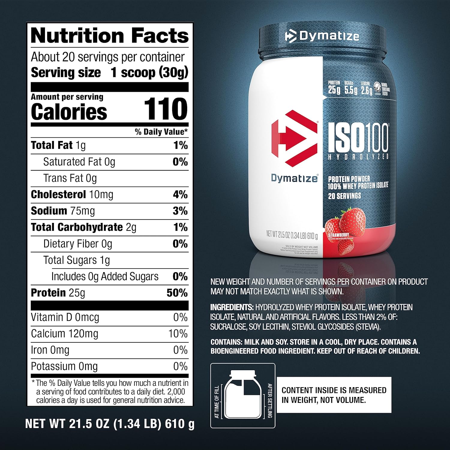 Dymatize ISO100 Strawberry Whey Isolate Protein Powder, 25g Protein, 5.5g BCAAs, Gluten Free, Fast Absorption, 20 Servings