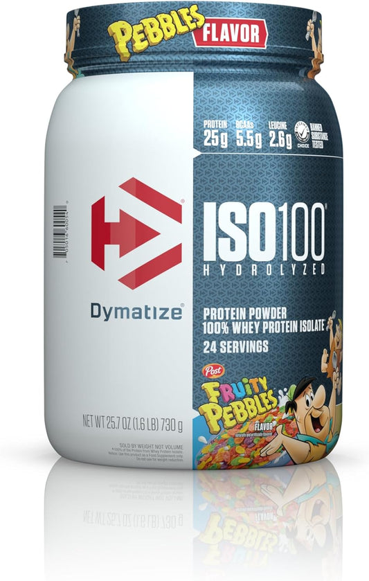 Dymatize ISO100 Whey Isolate Protein Powder - Fruity Pebbles Flavor, 25g Protein, 5.5g BCAAs, Gluten-Free, Fast Absorption - 24 Servings