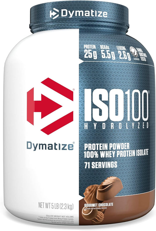 Dymatize ISO100 Whey Protein Powder, 25g Protein, 5.5g BCAAs, Gluten Free, Fast Absorbing, Gourmet Chocolate - 5lb