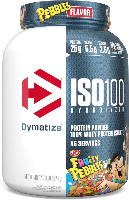 Dymatize ISO100 Whey Protein Powder, Fruity Pebbles Flavor, 25g Protein, 5.5g BCAAs, Gluten-Free, Fast Absorption, Easy Digestion, 3lb
