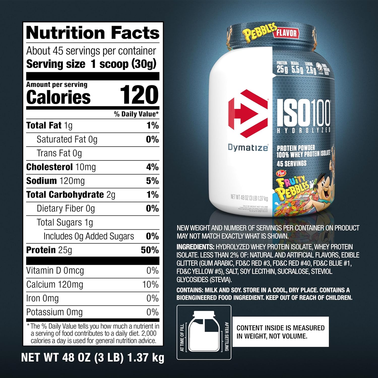 Dymatize ISO100 Whey Protein Powder, Fruity Pebbles Flavor, 25g Protein, 5.5g BCAAs, Gluten-Free, Fast Absorption, Easy Digestion, 3lb