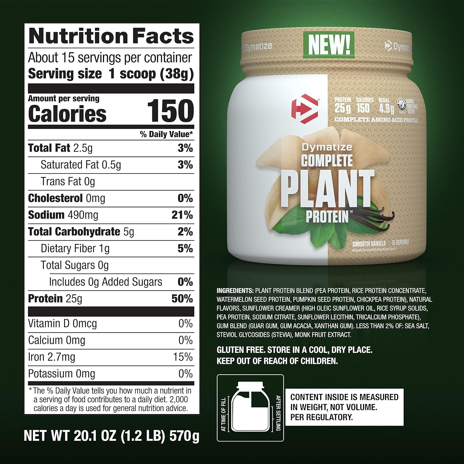 Dymatize Vegan Plant Protein: Smooth Vanilla, 25g Protein, 4.8g BCAAs, Complete Amino Acid Profile, 15 Servings - BoostGo Australia
