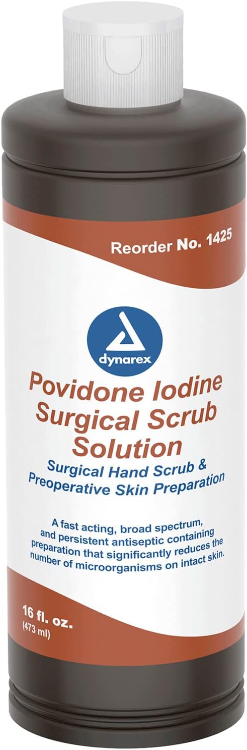 Dynarex Povidone-Iodine Antiseptic Scrub Solution, 7.5% Povidone Iodine, 16 fl. oz. - Ideal for Surgical Site Prep, Skin & Mucosa