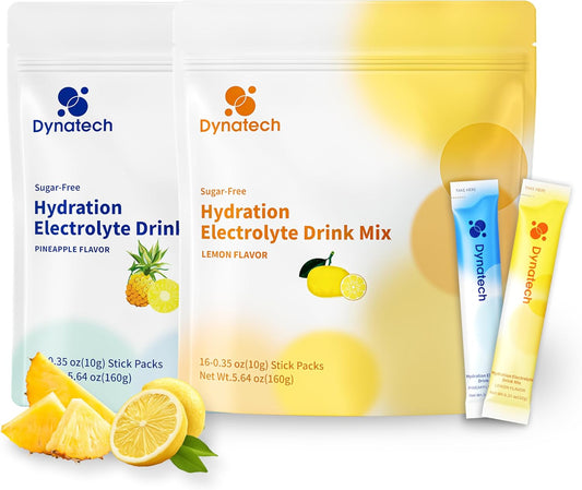 Dynatech Zero Sugar Electrolyte Drink Mix - Lemon & Pineapple Flavor - Hydration Powder Packets with 10 Electrolytes & Vitamins | Non-GMO, Gluten Free, Vegan - 32 Servings
