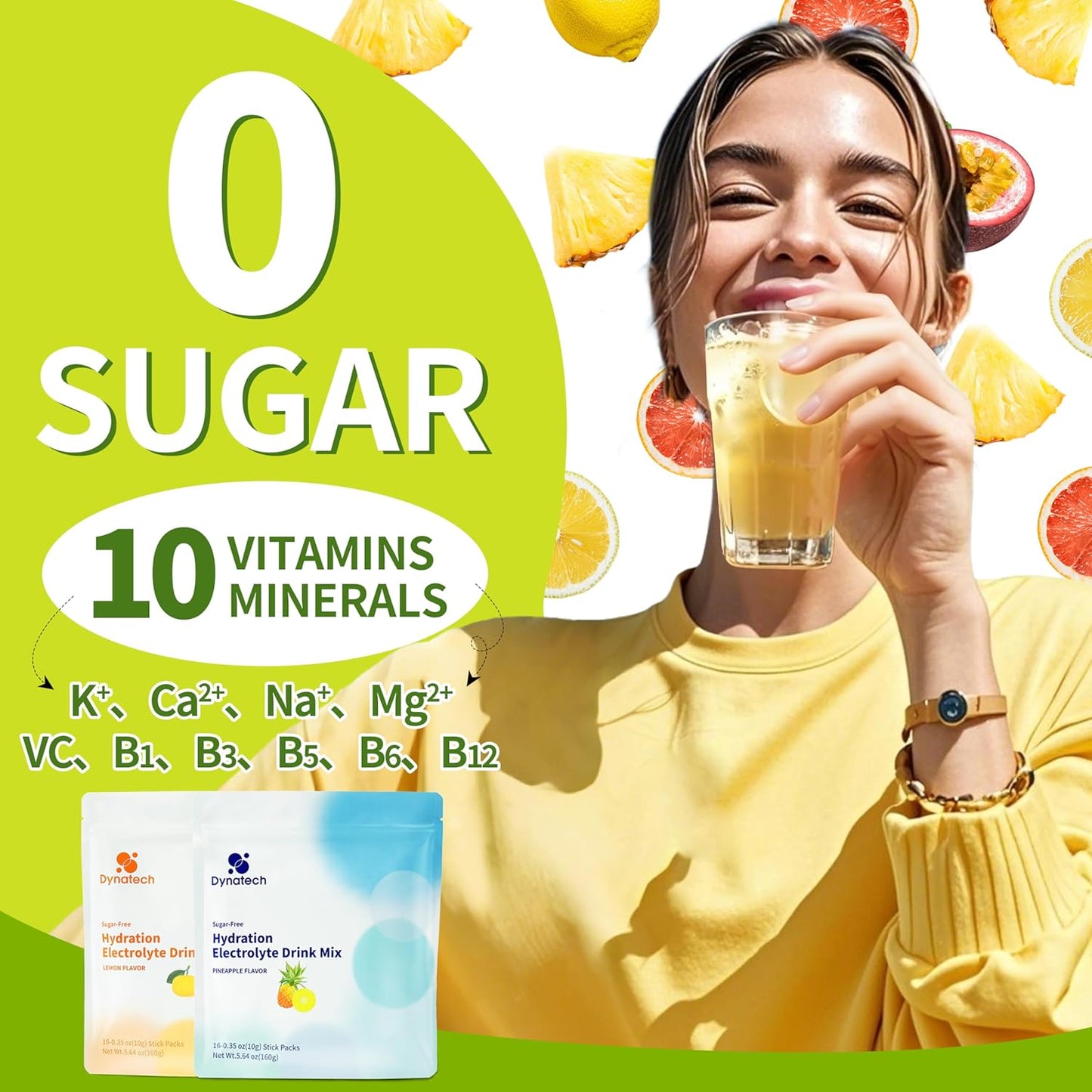 Dynatech Zero Sugar Electrolyte Drink Mix - Lemon & Pineapple Flavor - Hydration Powder Packets with 10 Electrolytes & Vitamins | Non-GMO, Gluten Free, Vegan - 32 Servings