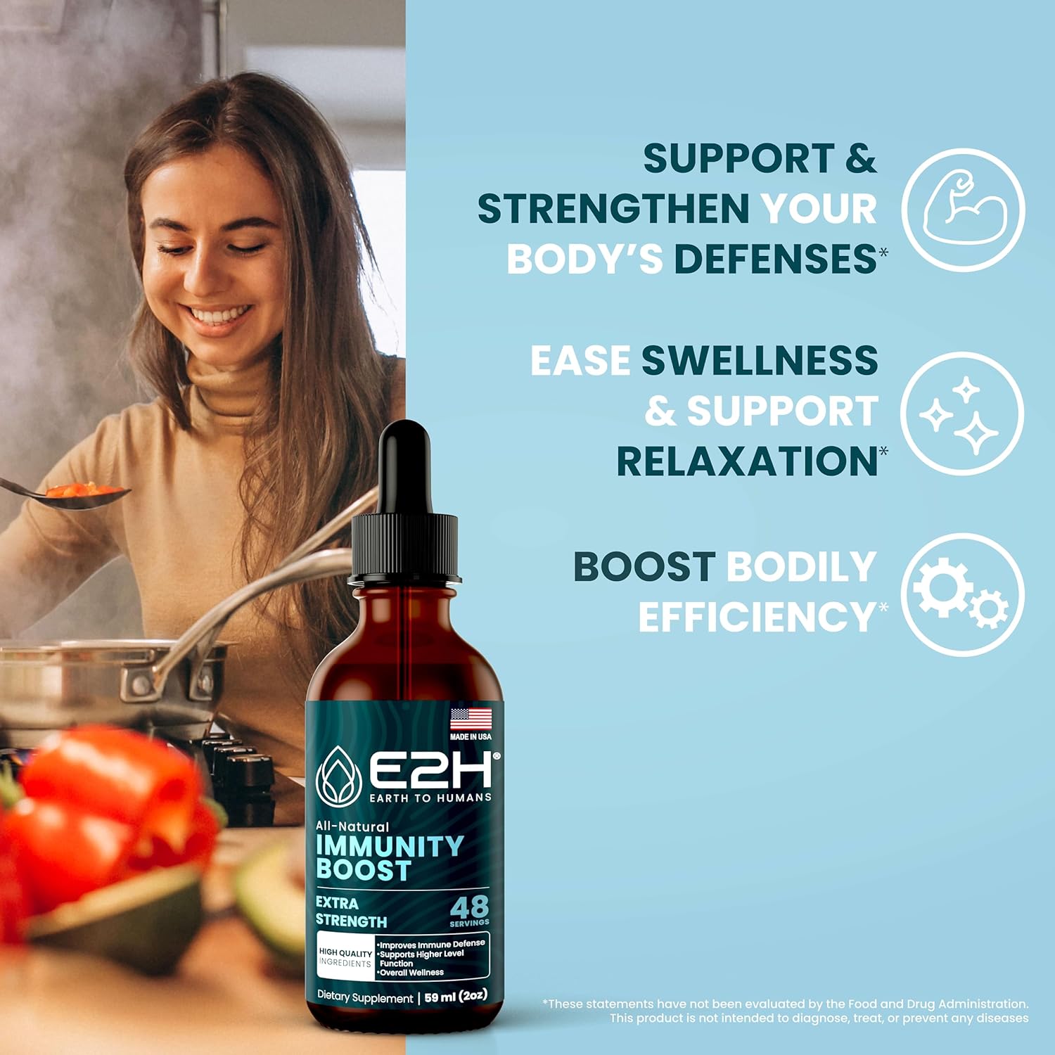E2H Advanced Immune Defense Supplement - All-Natural Immune Booster with Holy Basil and Papaya Leaves - Vegan Drops - 2 Fl Oz