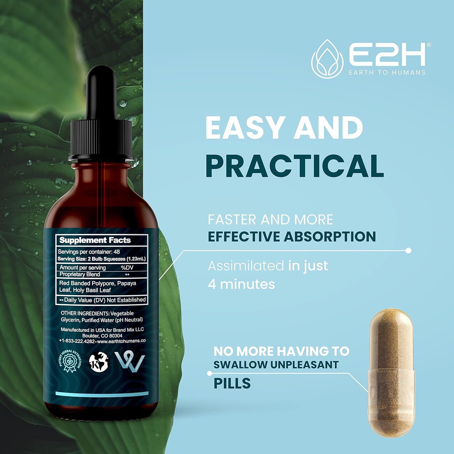 E2H Advanced Immune Defense Supplement - All-Natural Immune Booster with Holy Basil and Papaya Leaves - Vegan Drops - 2 Fl Oz