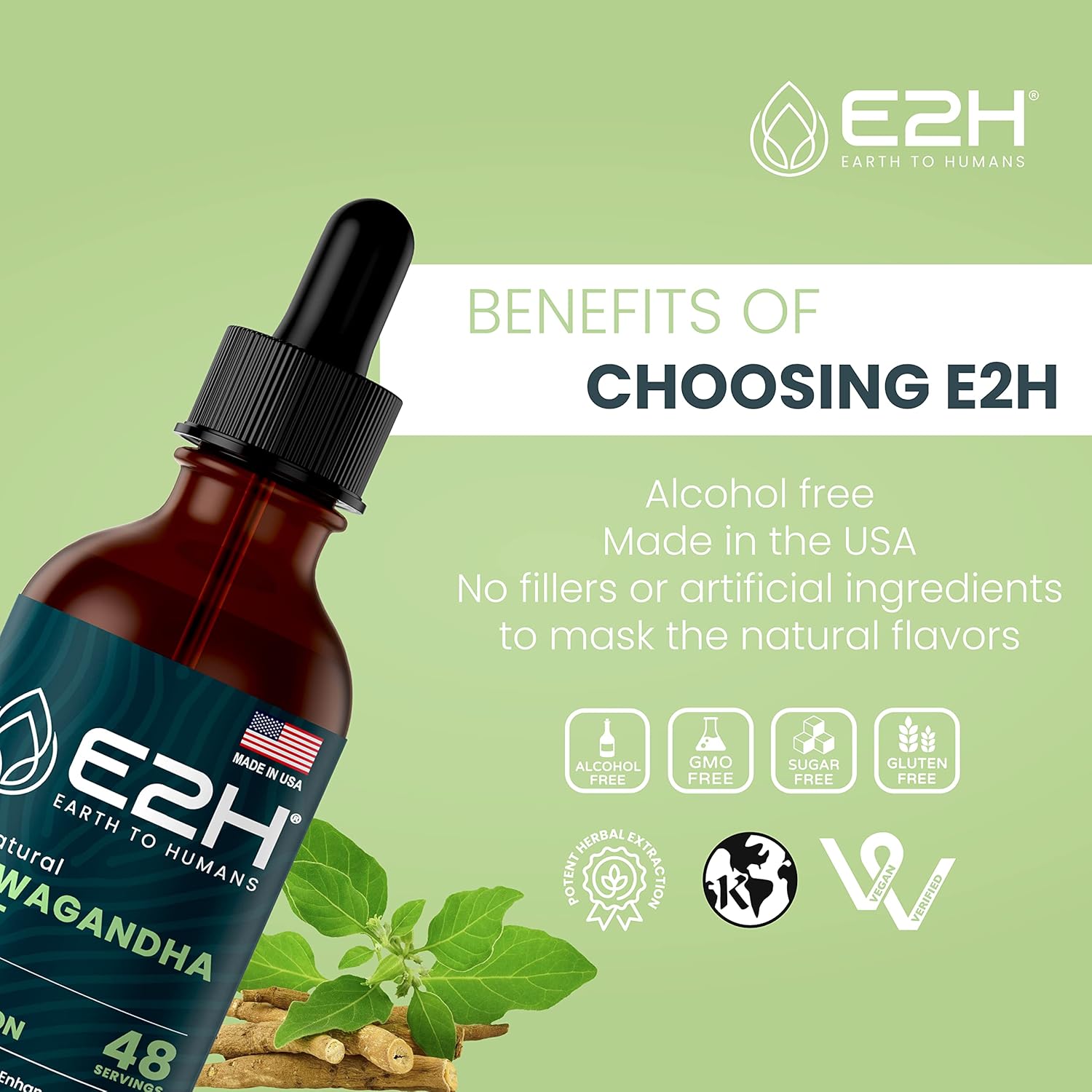 E2H Ashwagandha Liquid Drops - Organic Stress Relief Supplement for Mood Enhancement - Cortisol Manager for Vegan Non-GMO Wellness (3 Bottles)