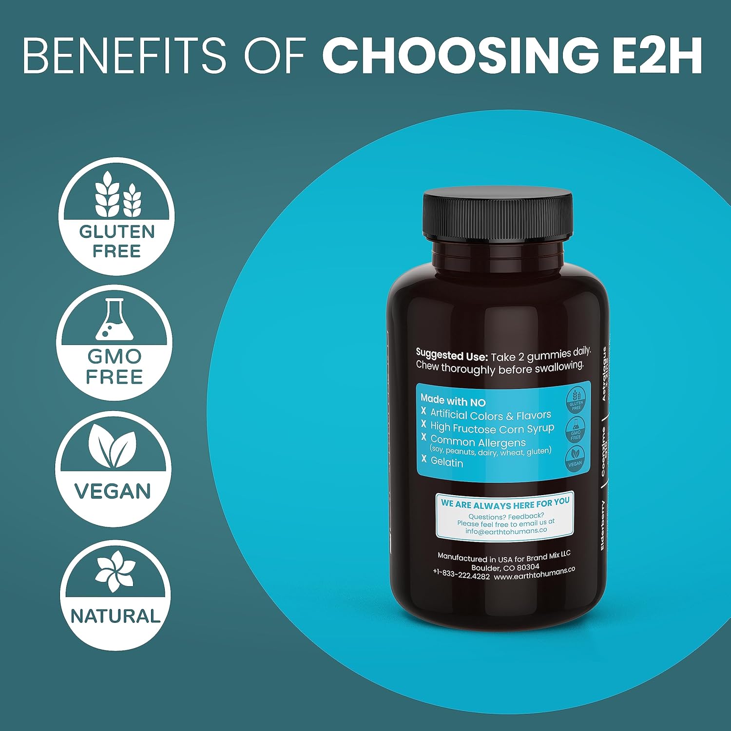 E2H Immunity Support Gummies - 60 Count, Gelatin-Free, Gluten-Free, Vegan & Non-GMO - Earth to Humans