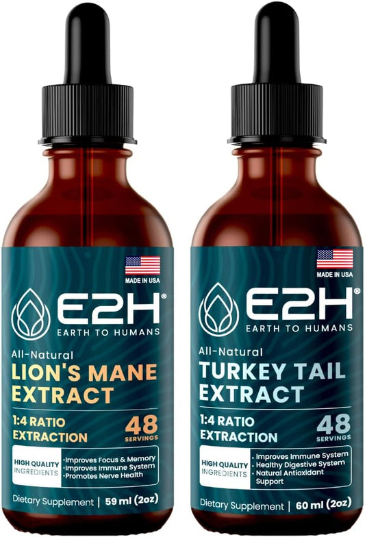 E2H Lions Mane and Turkey Tail Liquid Bundle - Immune Support, Focus, Memory, Clarity - Non-GMO, Vegan - 4 Fl Oz Total