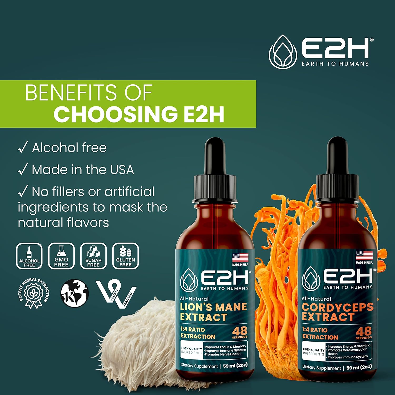 E2H Lion's Mane & Cordyceps Liquid Supplement for Mental Clarity, Memory, Energy, Stamina & Immune Support - Non-GMO, Vegan - 4 Fl Oz Bundle