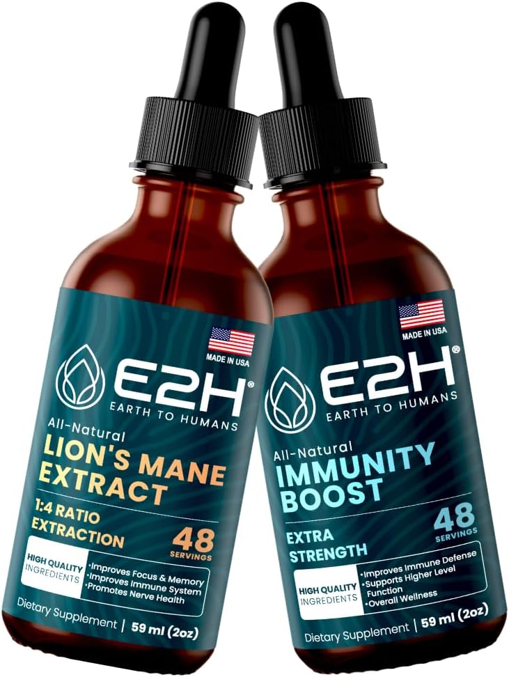 E2H Lion's Mane & Holy Basil Immune Booster Bundle - Mental Focus Support - Vegan, Non-GMO - 4 Fl Oz Total