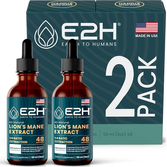 E2H Lions Mane Liquid Supplement for Mental Clarity & Immune Support - Non-GMO, Vegan - 2 Bottles