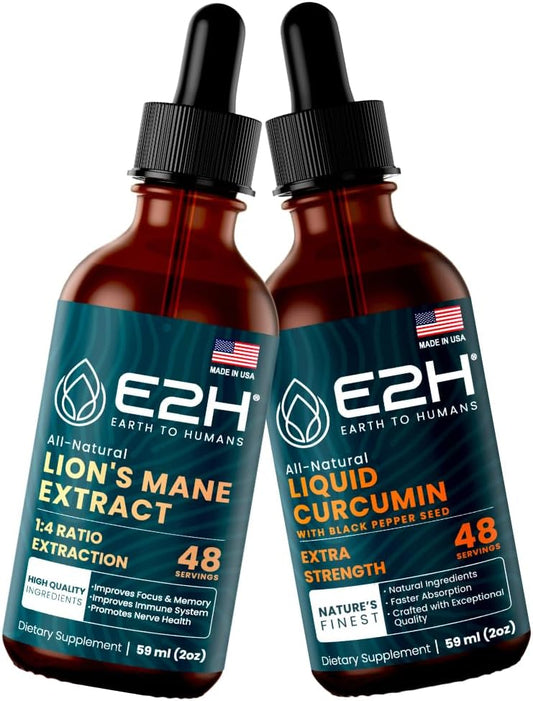 E2H Lion's Mane & Liquid Turmeric Bundle for Mental Clarity, Immunity, and Joint Support - Vegan & Non-GMO - 4 Fl Oz Total