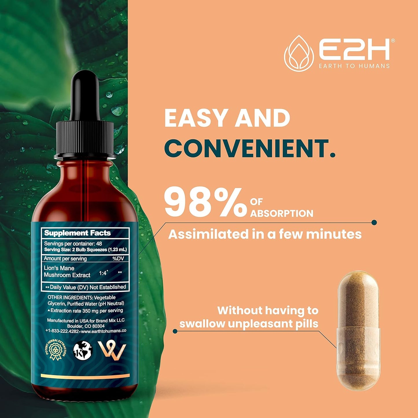 E2H Lion’s Mane Mushroom Extract - Enhances Mental Clarity, Memory & Focus - Immune Support Supplement - Non-GMO, Vegan - (3 Bottles)