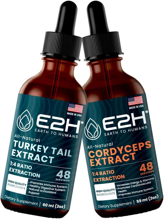 E2H Turkey Tail & Cordyceps Extracts Bundle - Immune Support, Focus, Memory, Clarity - Non-GMO, Vegan - 4 Fl Oz Total
