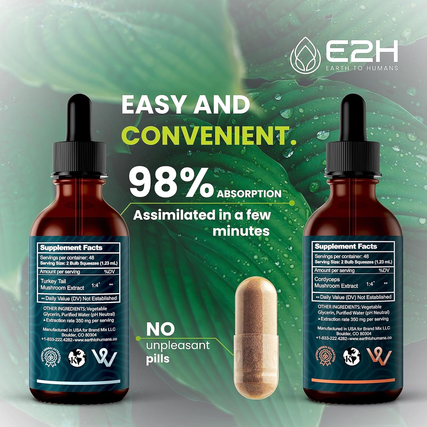 E2H Turkey Tail & Cordyceps Extracts Bundle - Immune Support, Focus, Memory, Clarity - Non-GMO, Vegan - 4 Fl Oz Total