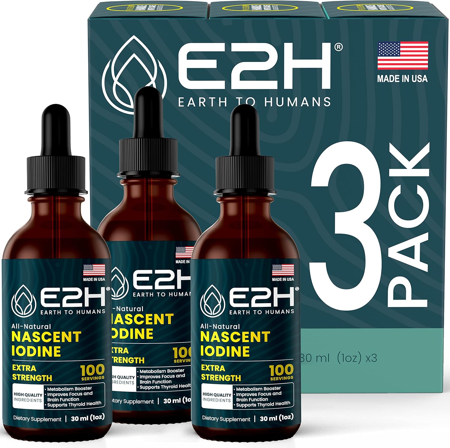E2H Vegan Liquid Iodine for Thyroid Support & Energy Boost - Non-GMO, Vegan Formula (3 Bottles)