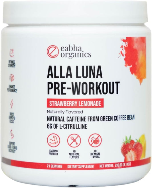Eabha Organics Alla Luna Pre-Workout - Strawberry Lemonade Flavor - Boost Energy, Focus, and Stamina - Enhance Blood Flow for Improved Workouts - 21-Day Supply - Single Scoop Dosage