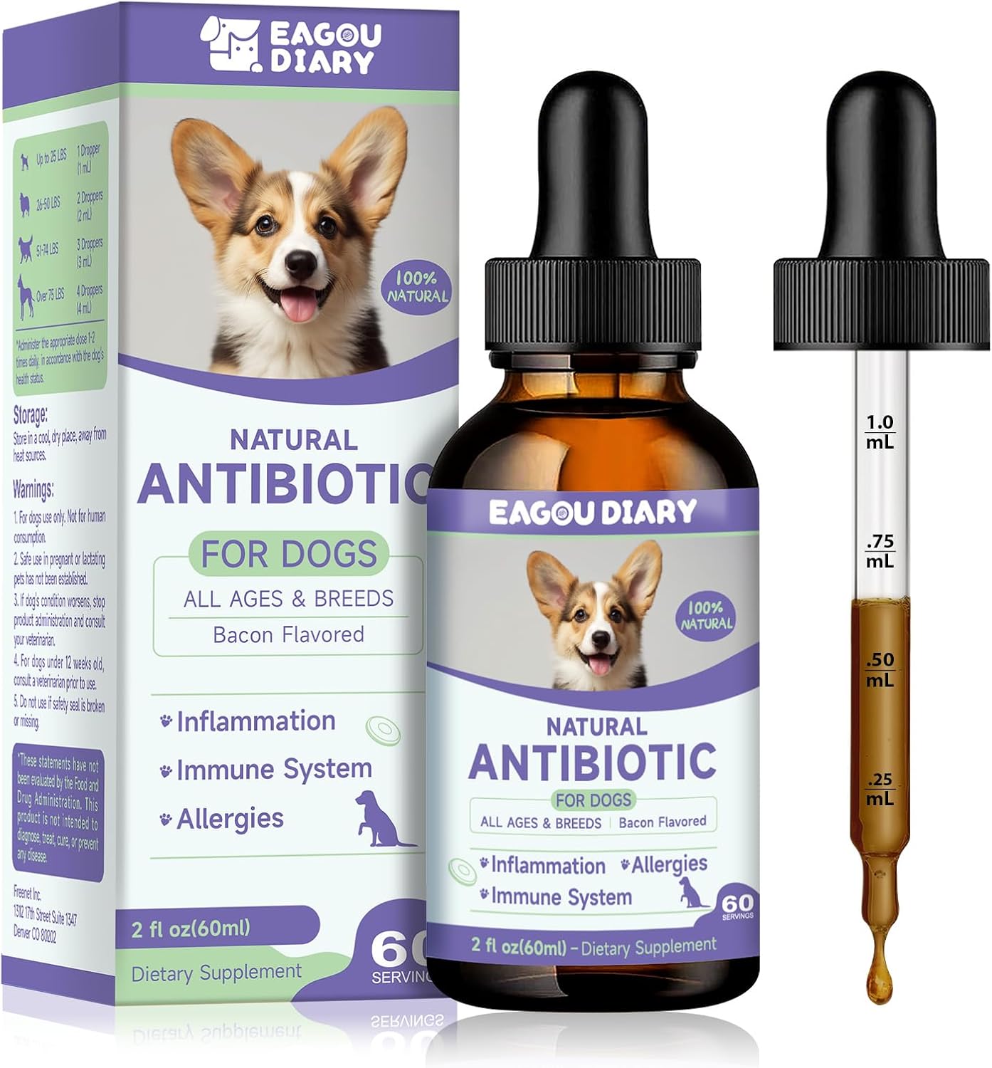 Eagou Diary Natural Antibiotics for Dogs - 60ml Liquid Supplement with Vitamins, Echinacea, Bacon Flavor for Allergy Relief, Itch Relief, Immune Support