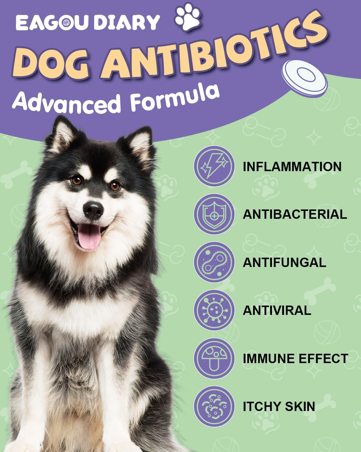 Eagou Diary Natural Antibiotics for Dogs - 60ml Liquid Supplement with Vitamins, Echinacea, Bacon Flavor for Allergy Relief, Itch Relief, Immune Support