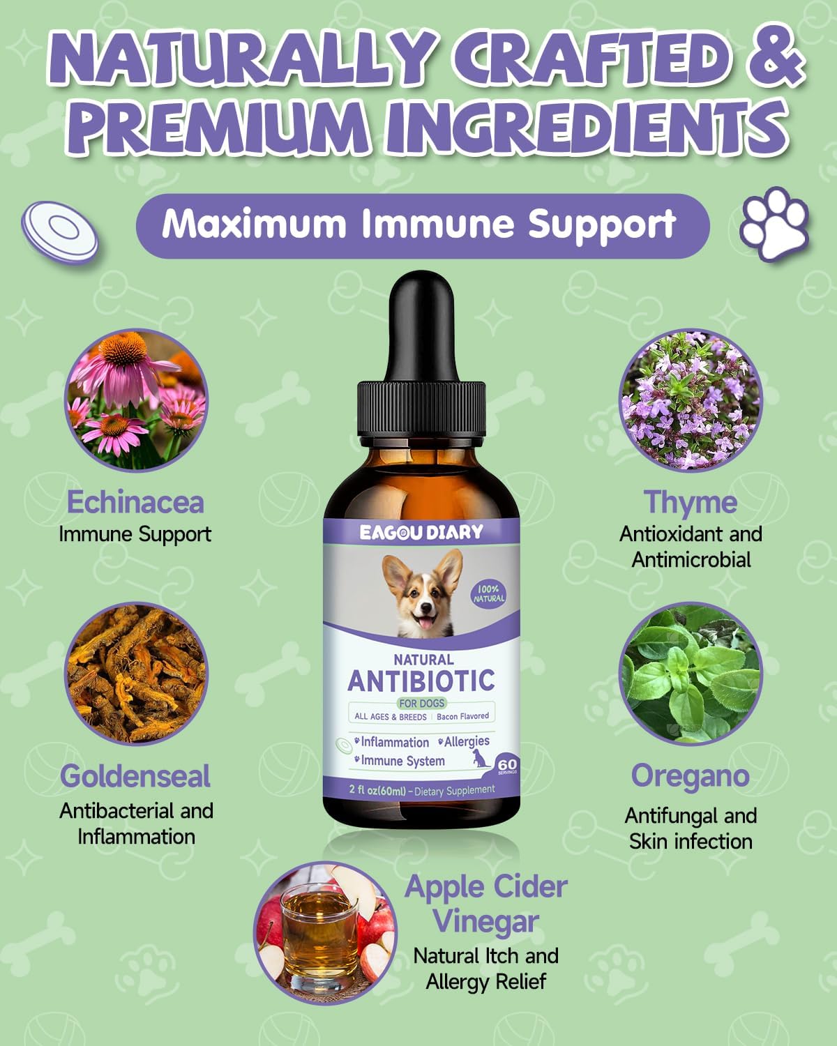 Eagou Diary Natural Antibiotics for Dogs - 60ml Liquid Supplement with Vitamins, Echinacea, Bacon Flavor for Allergy Relief, Itch Relief, Immune Support