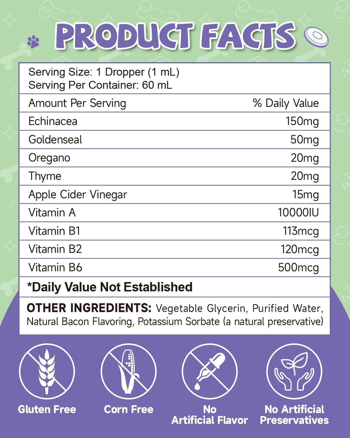 Eagou Diary Natural Antibiotics for Dogs - 60ml Liquid Supplement with Vitamins, Echinacea, Bacon Flavor for Allergy Relief, Itch Relief, Immune Support