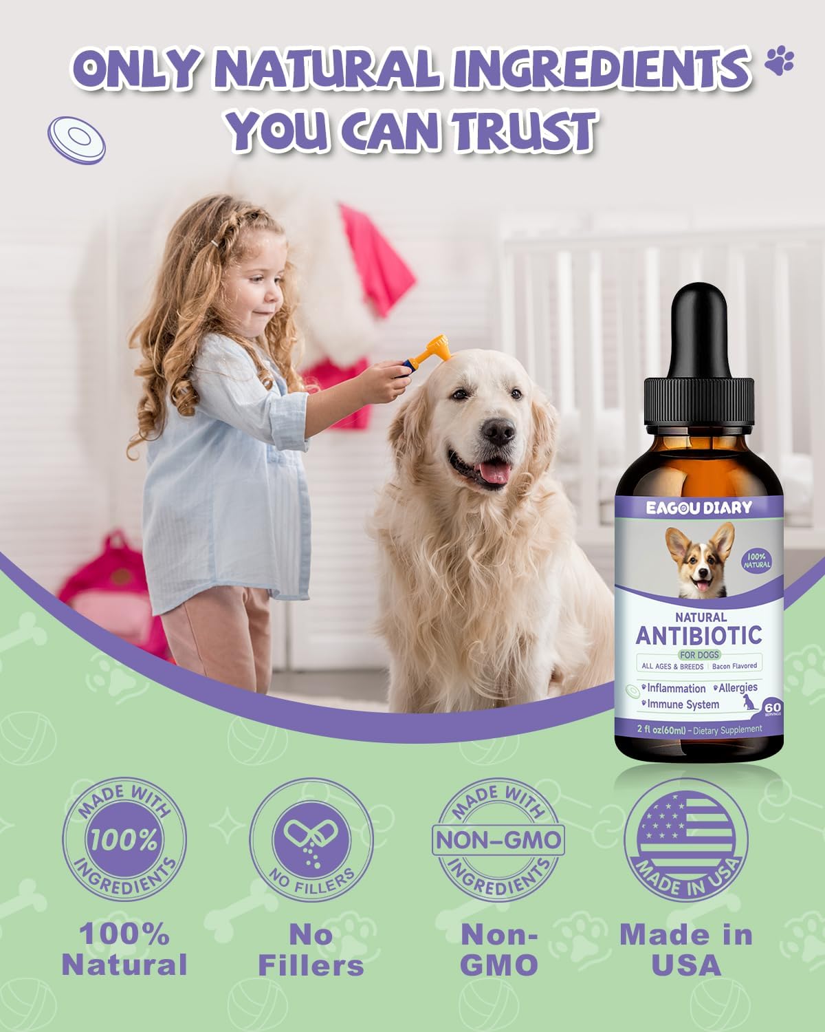 Eagou Diary Natural Antibiotics for Dogs - 60ml Liquid Supplement with Vitamins, Echinacea, Bacon Flavor for Allergy Relief, Itch Relief, Immune Support