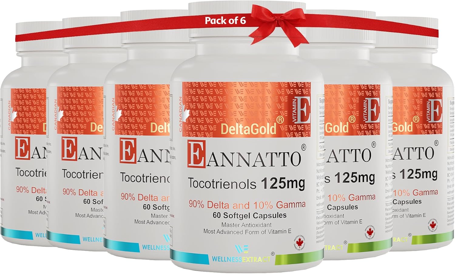 Eannatto Tocotrienols Deltagold 125mg Softgels - Immune Health Support - Non-GMO Antioxidant Supplement Pack of 6