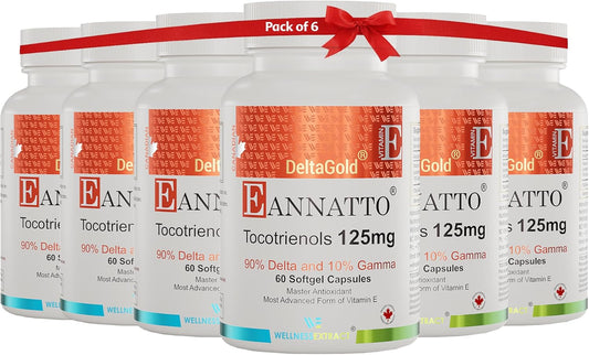 Eannatto Tocotrienols Deltagold 125mg Softgels - Immune Health Support - Non-GMO Antioxidant Supplement Pack of 6