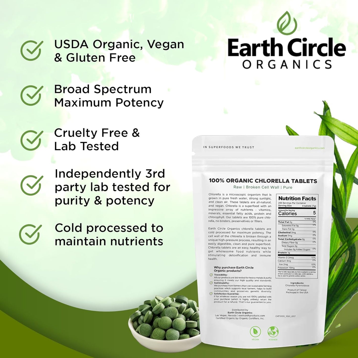 Earth Circle Organics Chlorella Tablets: High Potency Supplement, Pure Green Algae Superfood with Iron and Protein - 1000 Tablets