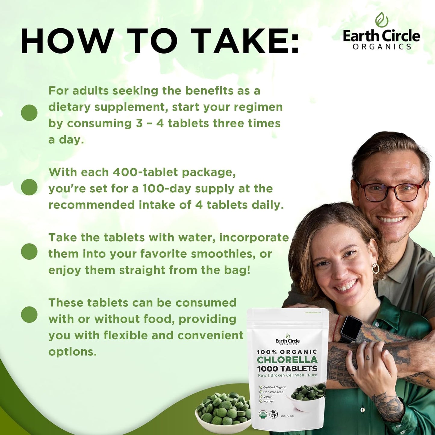 Earth Circle Organics Chlorella Tablets: High Potency Supplement, Pure Green Algae Superfood with Iron and Protein - 1000 Tablets
