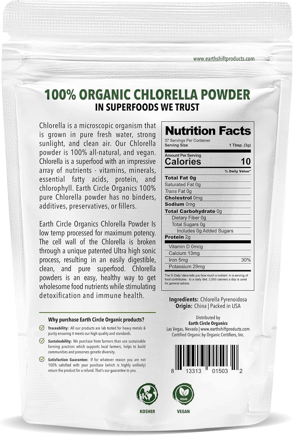 Earth Circle Organics Organic Chlorella Powder Superfood - 4oz | Kosher, Vegan, High Protein & Fiber, Broken Cell Wall Chlorophyll