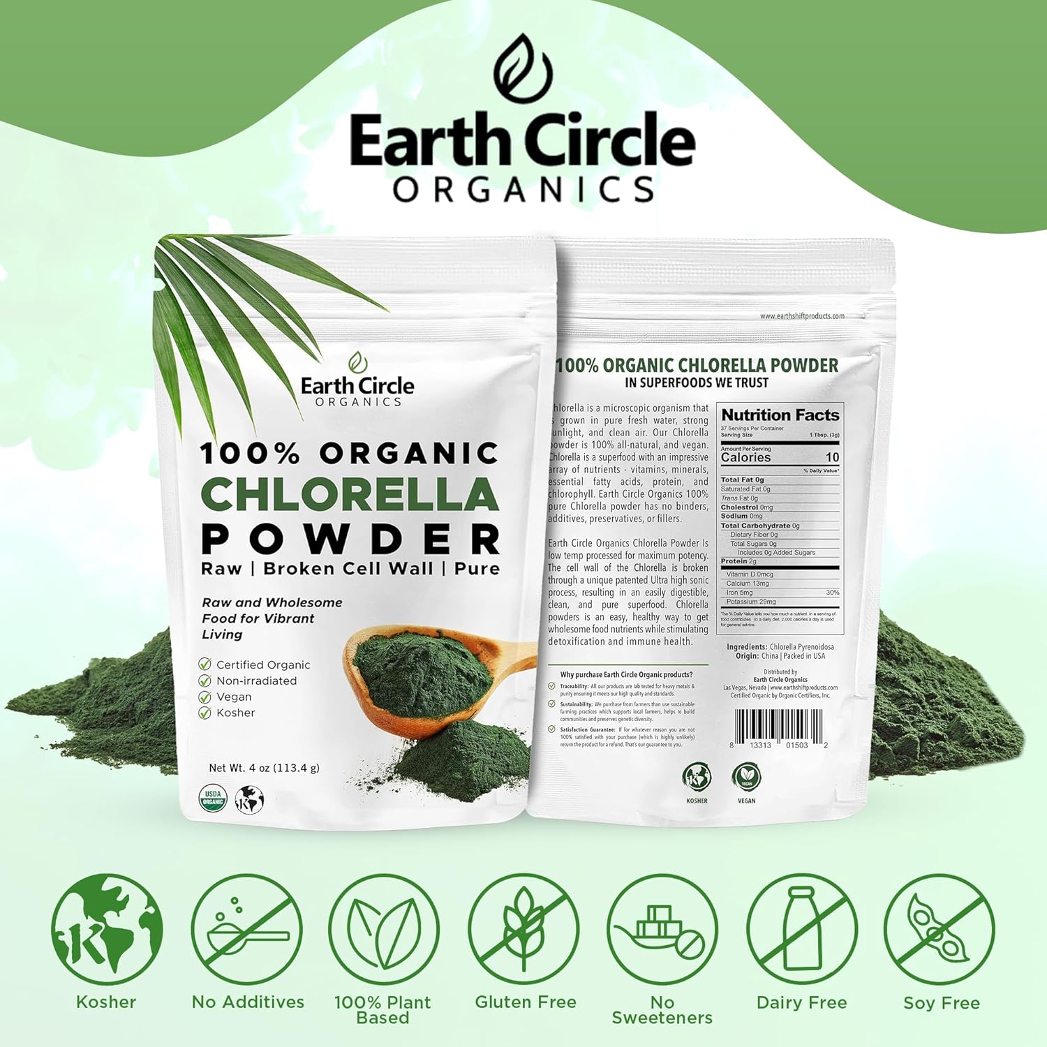 Earth Circle Organics Organic Chlorella Powder Superfood - 4oz | Kosher, Vegan, High Protein & Fiber, Broken Cell Wall Chlorophyll