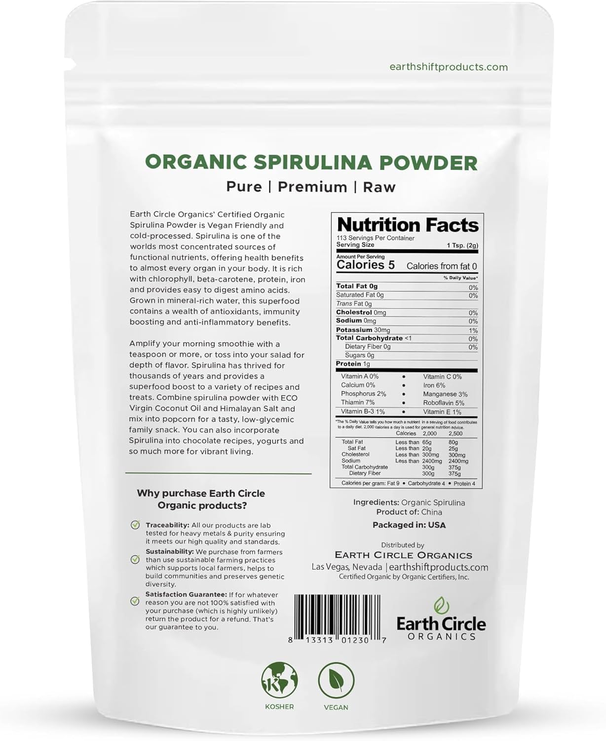 Earth Circle Organics Spirulina Powder - Kosher, Raw, Non-Irradiated, Vegan Protein - High Amino Acids & Antioxidants - 8oz
