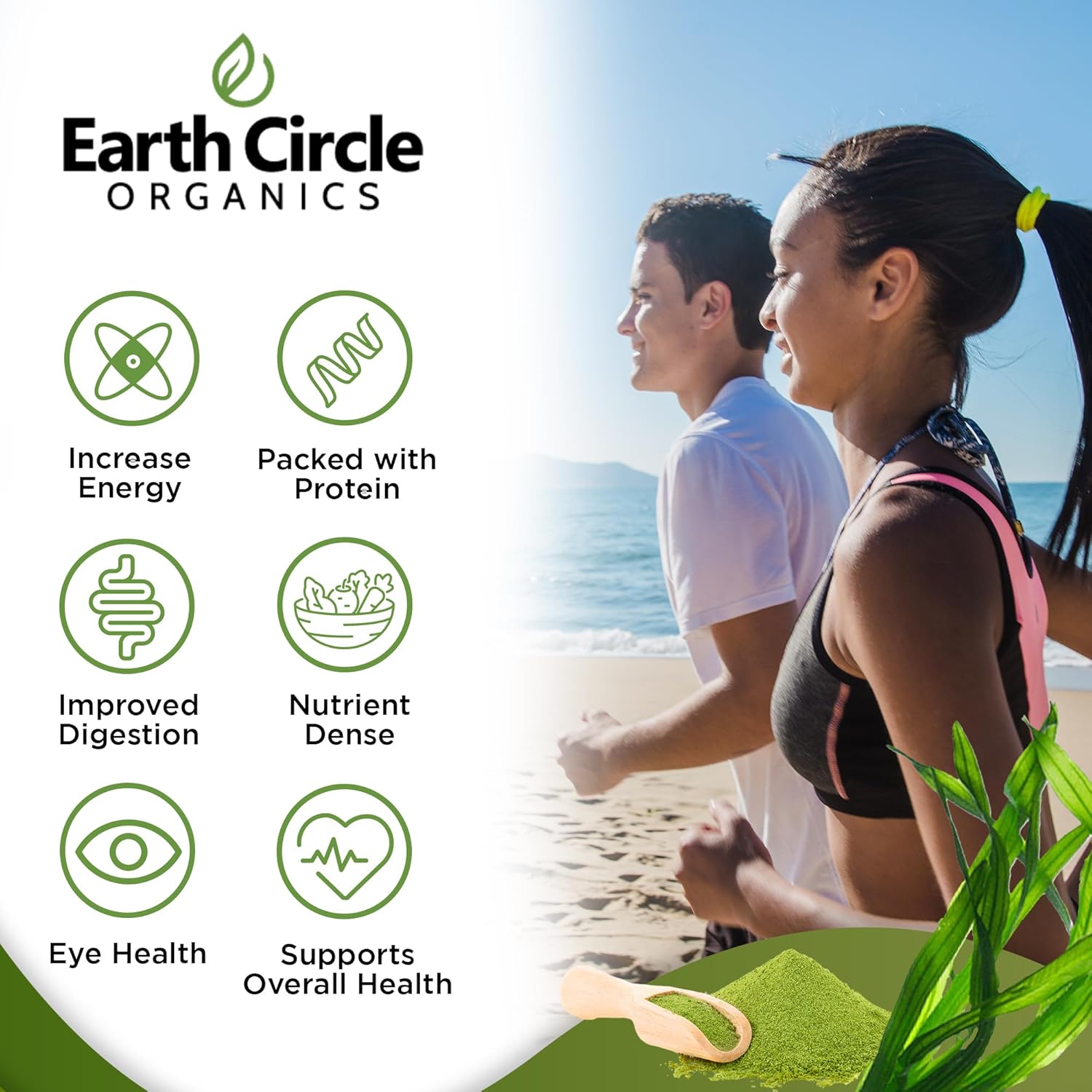 Earth Circle Organics Spirulina Powder - Kosher, Raw, Non-Irradiated, Vegan Protein - High Amino Acids & Antioxidants - 8oz