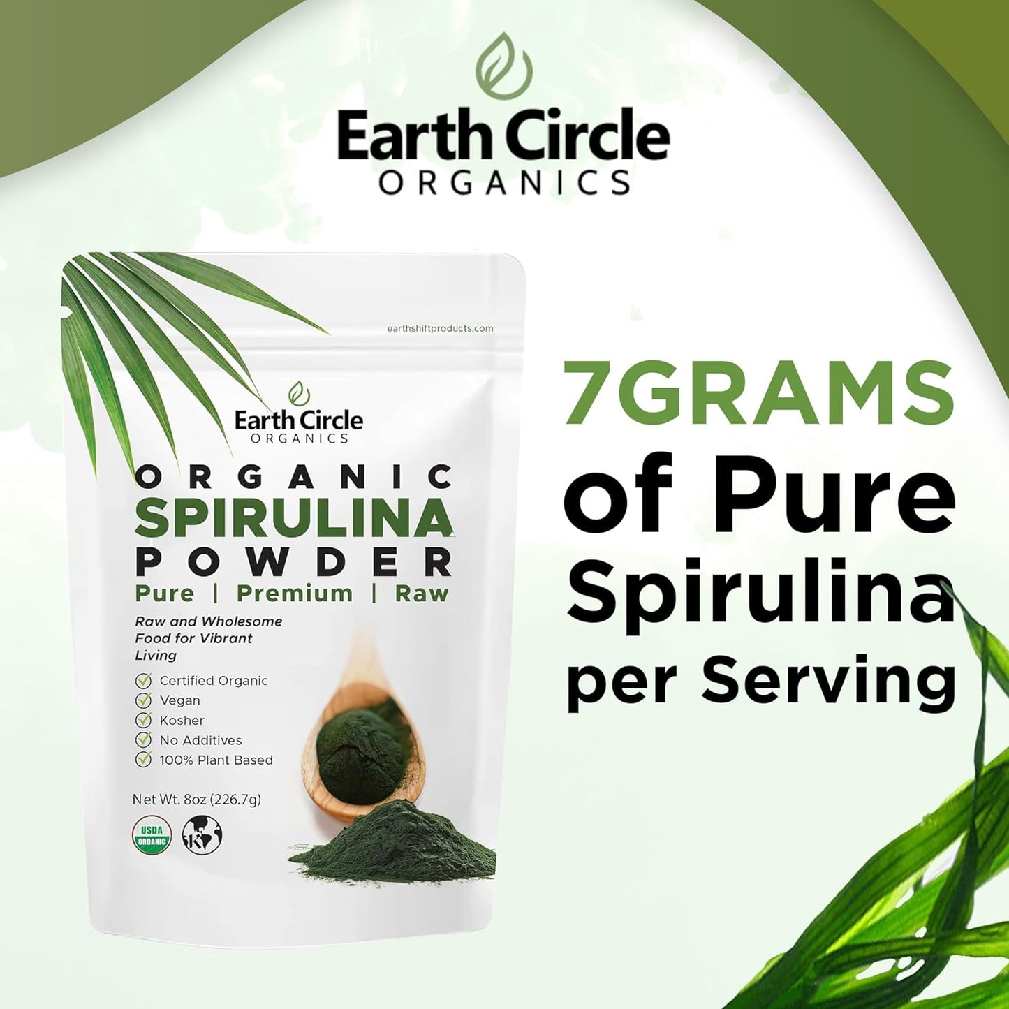 Earth Circle Organics Spirulina Powder - Kosher, Raw, Non-Irradiated, Vegan Protein - High Amino Acids & Antioxidants - 8oz