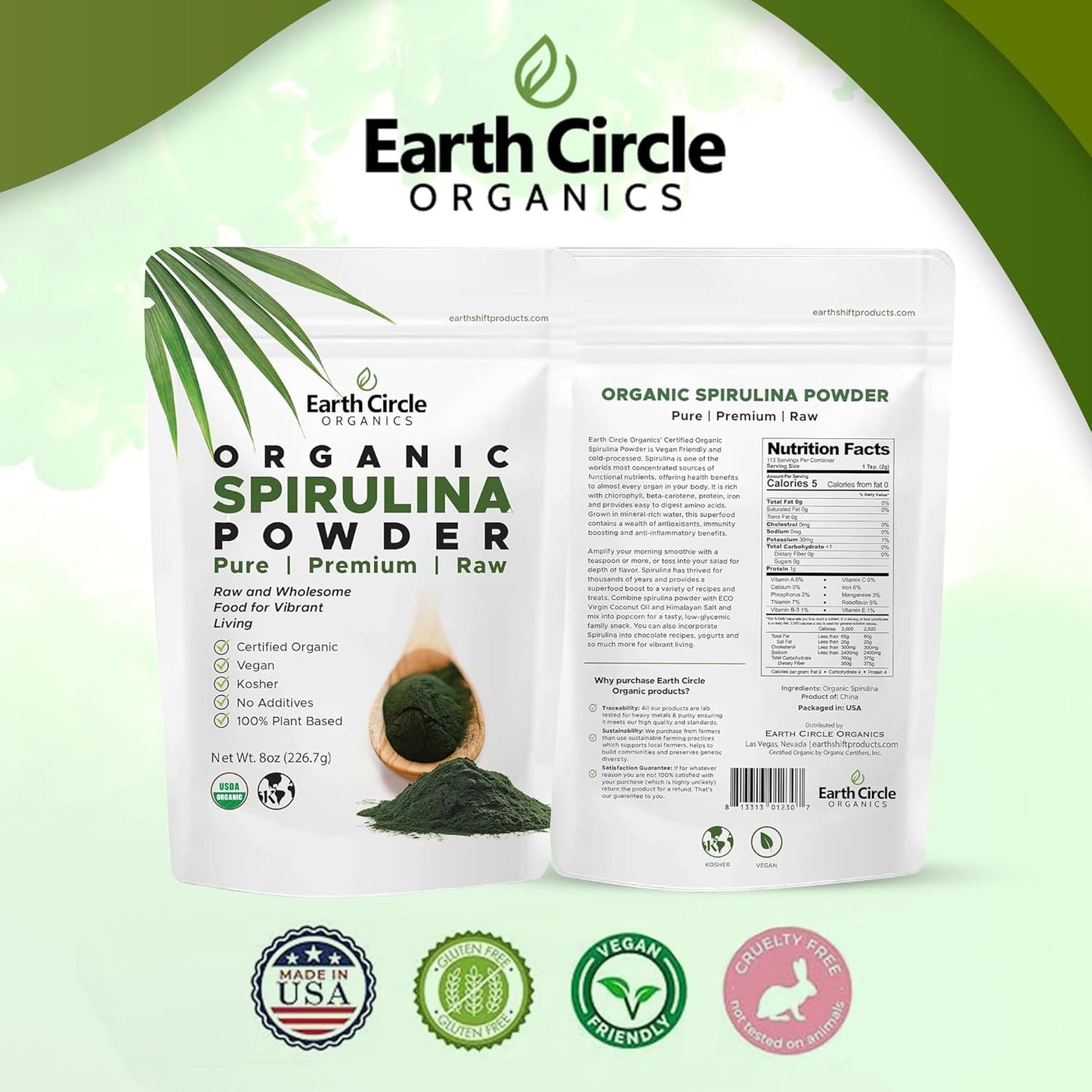 Earth Circle Organics Spirulina Powder - Kosher, Raw, Non-Irradiated, Vegan Protein - High Amino Acids & Antioxidants - 8oz